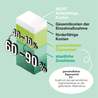 Die Grafik zeigt die Anteile der staatlichen Zuschüsse und den gemeindlichen Eigenanteil an den Gesamtkosten der Einzelmaßnahme.