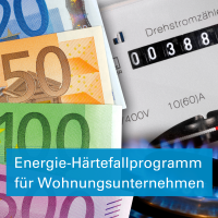 Details von Euro-Geldscheinen, Stromzähler und Gasherd. Text: Energie-Härtefallprogramm für Wohnungsunternehmen