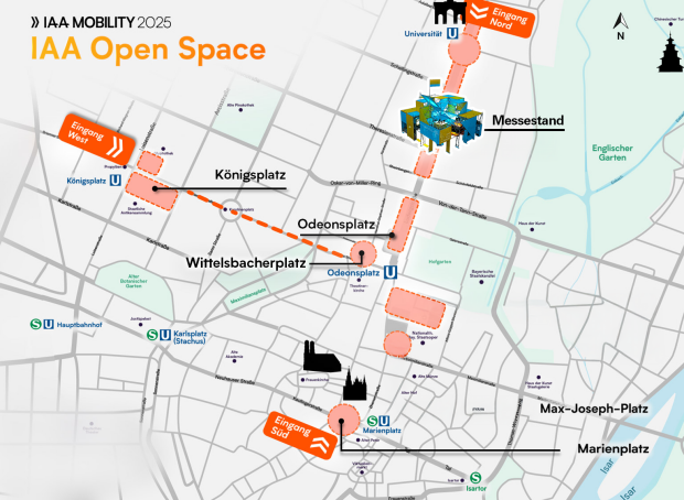 Eine Übersichtskarte der IAA Open Space mti eingezeichnetem Messestand in der Nähe der Ubahn Universität in München