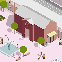 Graphisch dargestellt ist ein Bahnhof mit Vorplatz. Auf dem Vorplatz gehen, sitzen oder laufen Menschen © StMB