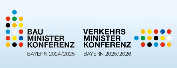 Logo für die Bauministerkonferenz 2024/2025 und Logo für die Verkehrsministerkonferenz 2025/2026 jeweils mit Schriftzug