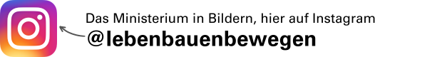 Links das Logo von Instagram. Rechts daneben Text: Das Ministerium in Bildern, hier auf Instagram @lebenbauenbewegen. Der Klick auf das Bild führt direkt zu Instagram.