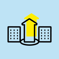 Logo mit zwei stilisierten Häusern mit Flachdach und einem gelb hinterlegten Haus mit Giebeldach
